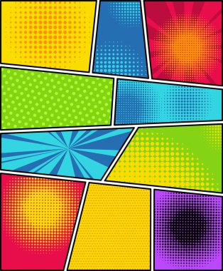 Radyal noktalı resim efektleri ve ışınları popüler sanat tarzı çizgi roman sayfa şablonu. Renkli boş arka plan. Vektör çizim.