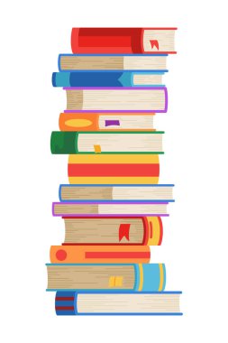 Yüksek kitap yığınları ya da yığın. Kütüphane ders kitapları, okul edebiyatı, sözlükler. Kitapçı reklamı. Çizgi roman yığınları beyaz üzerine izole edilmiş farklı renkli kapaklar ile açı görünümü.