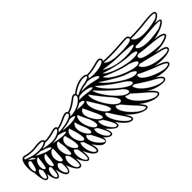 Kanatlılar skeci. Stilize kuş kanatları. Elle çizilmiş stiker kanadı açık pozisyonda. Renklendirme biçiminde vektör tasarımı ögeleri.