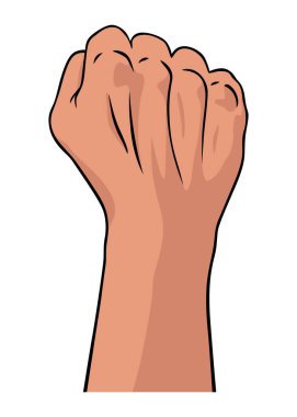 Yükselmiş yumruk hareketi amblemi çizmiş. Yumruğunu sıkıca kavrayıp ayağa kalkıyor. Beyaz arka planda izole edilmiş bir sembol. Güç işareti. İnsan eli havada..