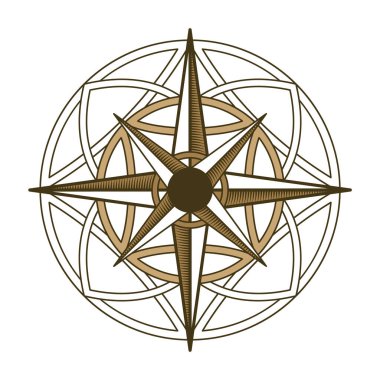 Retro nautical compass. Hand drawn wind rose. Old vector design element for marine theme and heraldry. Vintage rose of wind for sea marine navigation.