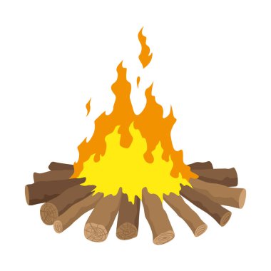 Şömine yakan tiplerden. Yanan odun, seyahat ve macera sembolü. Vektör şenlik ateşi ya da çizgi film tarzı tahta ateşi. Turist şenlik ateşi yığıldı..