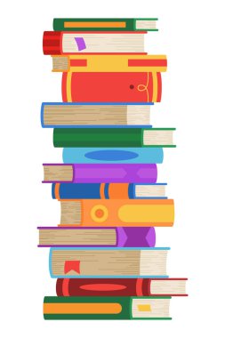Yüksek kitap yığınları ya da yığın. Kütüphane ders kitapları, okul edebiyatı, sözlükler. Kitapçı reklamı. Çizgi roman yığınları beyaz üzerine izole edilmiş farklı renkli kapaklar ile açı görünümü.