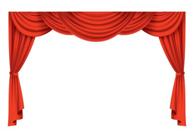 Kırmızı perdeler gerçekçi. Sinema veya opera salonu için ipek kumaş dekorasyonu. Perdeler ve perdeler iç dekorasyon objesi. Tiyatro sahnesi için saydam olarak izole edilmiş..