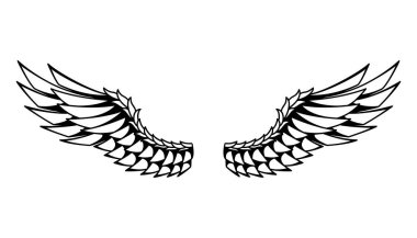 Kanatlılar skeci. Stilize kuş kanatları. Elle çizilmiş stiker kanadı açık pozisyonda. Renklendirme biçiminde vektör tasarımı ögeleri.