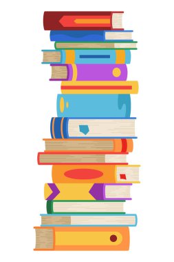 Yüksek kitap yığınları ya da yığın. Kütüphane ders kitapları, okul edebiyatı, sözlükler. Kitapçı reklamı. Çizgi roman yığınları beyaz üzerine izole edilmiş farklı renkli kapaklar ile açı görünümü.