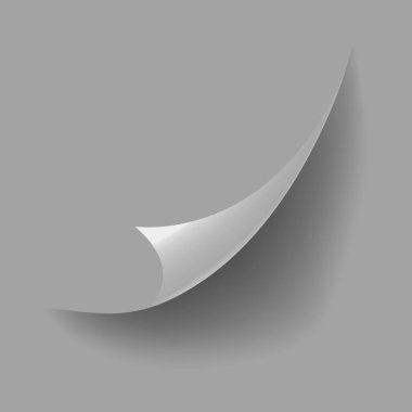 Kıvrılmış kağıt köşesi. Eğri sayfa köşesi, sayfa kenarı kıvrımlı ve gerçekçi gölgesi olan eğri kağıt çarşaf. Kağıt köşe katlaması beyaz arkaplanda izole edildi.