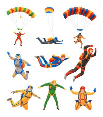 Çizgi film paraşütçüleri. Erkekler ve kızlar uçaktan atlıyor, serbest düşüş, gökyüzünde uçmak, farklı pozlar veren insanlar, ekstrem spor, düzenli vektör seti..
