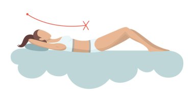 Uykusuz vücut duruşu. Yataklarda ve yastıklarda pek de sağlıklı bir uyku pozisyonu yok. Sırtın ve boynun sağlığını düşünüyorum. Vektör illüstrasyonu