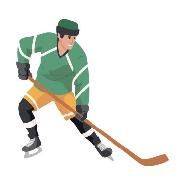 Buz hokeyi oyuncusu. Üniformalı sporcular, dinamik poz, buzdaki takım sporları, kış oyunu, ileri, çizgi film düz stili izole vektör..