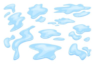 Su birikintileri hazır. Düz çizgi film tarzında çeşitli şekillerde mavi sıvı. Beyaz arkaplanda temiz sıvı damlası tasarımı elementleri izole.