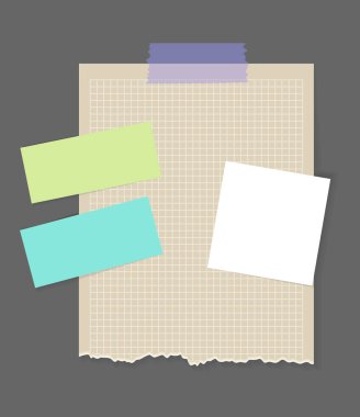 Kağıt çıkartmalar. Kağıt kağıtlara not bırakılacak yerler. Gri arkaplan izole vektör illüstrasyonuna yapışkan renkli bant eklendi.