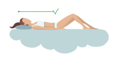 Uyuyan vücut duruşunu düzelt. Ortopedik yatak ve yastıkta sağlam bir uyku pozisyonu. Sırtın ve boynun sağlığını düşünüyorum. Vektör illüstrasyonu.