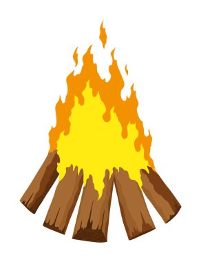 Şömine yakan tiplerden. Yanan odun, seyahat ve macera sembolü. Vektör şenlik ateşi ya da çizgi film tarzı tahta ateşi. Turist şenlik ateşi yığıldı..