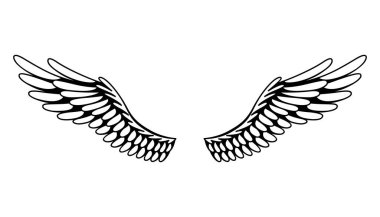 Kanatlılar skeci. Stilize kuş kanatları. Elle çizilmiş stiker kanadı açık pozisyonda. Renklendirme biçiminde vektör tasarımı ögeleri.