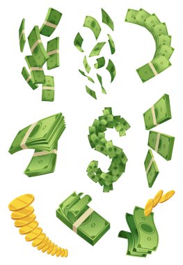 Çizgi film parası ve sikke ikonu seti. Kağıt para, faturalar uçar gider. Bankada para tutmak. Yeşil banknotlar zenginlik, birikim ve miras. Düz vektör para çizimi. Beyaz nesneler izole edildi.