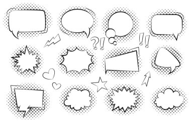 Komik el konuşma baloncukları çizdi. Retro karikatür çıkartmalarını hazırla. Komik tasarım vektör öğeleri illüstrasyonu. Pop sanat tarzında komik metin ses efektleri.