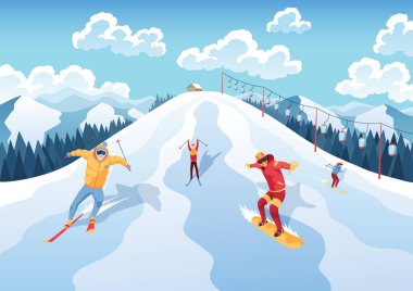 Dağ kayak merkezi manzarası. Kış web afişi tasarımı. Tatillerde ya da kış etkinliklerinde spor. Spor dağlardaki kayaklara iniyor. Vektör çizgi film illüstrasyonu.