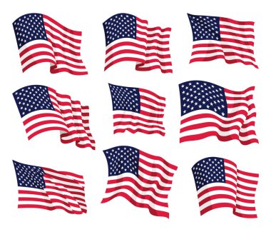 ABD bayrakları hazır. Beyaz arka planda izole edilmiş Amerikan bayrakları sallanıyor. Sancak tasarım ögeleri.