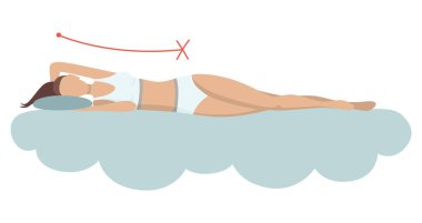 Uykusuz vücut duruşu. Yataklarda ve yastıklarda pek de sağlıklı bir uyku pozisyonu yok. Sırtın ve boynun sağlığını düşünüyorum. Vektör illüstrasyonu