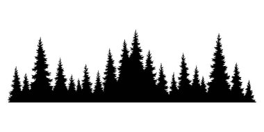 Firavun ağaçları silueti. Kozalaklı ladin yatay arkaplan deseni, siyah yeşil orman vektör çizimi. Güzel el çizimi kozalaklı ormanın manzarası.