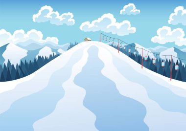 Dağ kayak merkezi manzarası. Kış web afişi tasarımı. Tatillerde ya da kış etkinliklerinde spor. Vektör çizgi film illüstrasyonu.