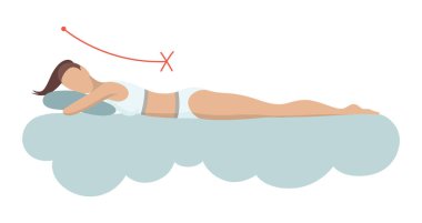 Uykusuz vücut duruşu. Yataklarda ve yastıklarda pek de sağlıklı bir uyku pozisyonu yok. Sırtın ve boynun sağlığını düşünüyorum. Vektör illüstrasyonu