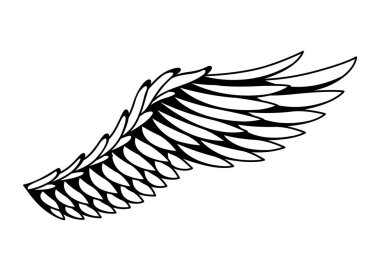 Kanatlılar skeci. Stilize kuş kanatları. Elle çizilmiş stiker kanadı açık pozisyonda. Renklendirme biçiminde vektör tasarımı ögeleri.