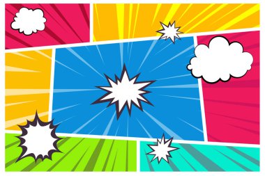 Çizgi roman sayfası konuşma baloncukları ve ses efektli satırlara bölündü. Geçmişe dönük model. Çizgi roman şablonu. Vektör illüstrasyonu.