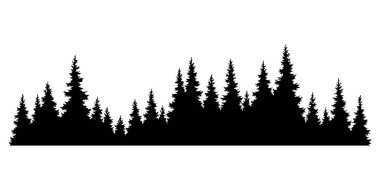 Firavun ağaçları silueti. Kozalaklı ladin yatay arkaplan deseni, siyah yeşil orman vektör çizimi. Güzel el çizimi kozalaklı ormanın manzarası.