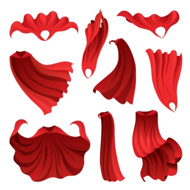 Süper kahraman kırmızı pelerin farklı pozisyonlarda, ön ve yan görüş. Kırmızı kumaş ipek pelerin. Mantle kostümü ya da çizgi film vektör kümesi.