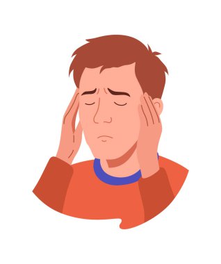 Grip belirtileri. Soğuk semptom gösteren bir adam. Baş ağrısı hastalığı. Vektör gribi önleme afişi.