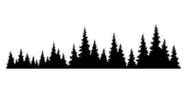 Firavun ağaçları silueti. Kozalaklı ladin yatay arkaplan deseni, siyah yeşil orman vektör çizimi. Güzel el çizimi kozalaklı ormanın manzarası.