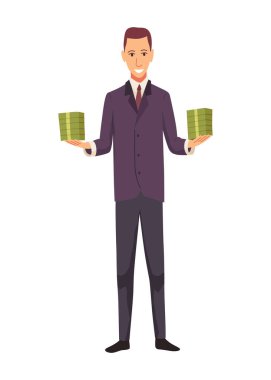 Zengin adam düz çizgi film elemanı, milyoner adam para vektör çizimi.