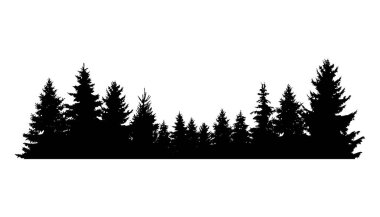 Firavun ağaçları silueti. Kozalaklı ladin yatay arkaplan deseni, siyah yeşil orman vektör çizimi. Güzel el çizimi kozalaklı ormanın manzarası.