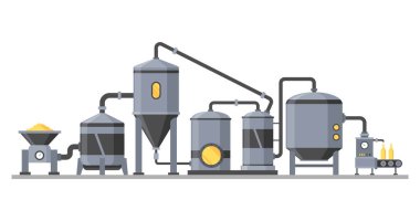 Bira fabrikası. Tüpler ve bakır tanklarla klasik bira makinesi konsepti. Bira yapma süreci ekipmanı, oyun için uygun makine sembolü, bilgi ya da kitap baskısı. İzole vektör illüstrasyonu.
