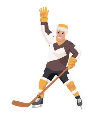 Buz hokeyi oyuncusu. Üniformalı sporcular, dinamik poz, buzdaki takım sporları, kış oyunu, ileri, çizgi film düz stili izole vektör..