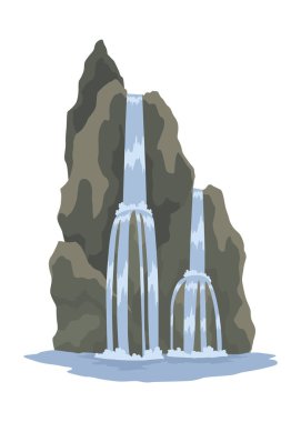 Çizgi film nehri çağlayan şelalesi. Dağlar ve ağaçlarla kaplı bir manzara. Seyahat broşürü veya illüstrasyon mobil oyunu için tasarım ögesi. Taze doğal su.