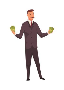 Zengin adam düz çizgi film elemanı, milyoner adam para vektör çizimi.