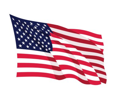 ABD bayrağı sallıyor. Beyaz arka planda izole edilmiş Amerikan ulusal sembolü. Sancak tasarım ögesi.