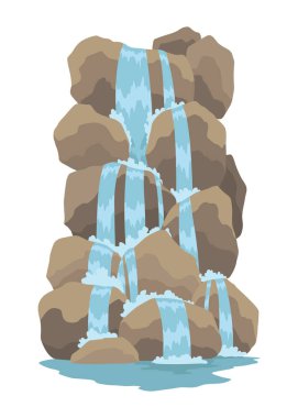 Çizgi film nehri çağlayan şelalesi. Dağlar ve ağaçlarla kaplı bir manzara. Seyahat broşürü veya illüstrasyon mobil oyunu için tasarım ögesi. Taze doğal su.