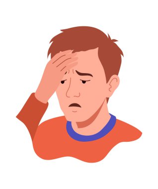 Grip belirtileri. Soğuk semptom gösteren bir adam. Baş dönmesi hastalığı. Vektör gribi önleme afişi.