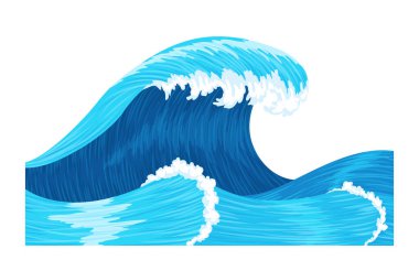 Okyanus dalgaları, su sıçratma, deniz fırtınası. Mavi deniz ya da okyanus dalgası püskürtülmüş, tepesinde köpük var. Vektör illüstrasyonu.