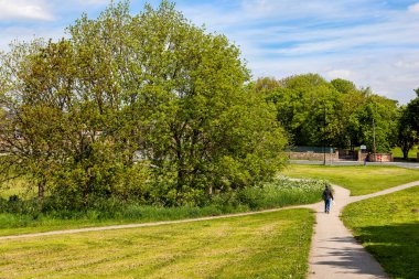 Yeşil parkta bahar yürüyüşü