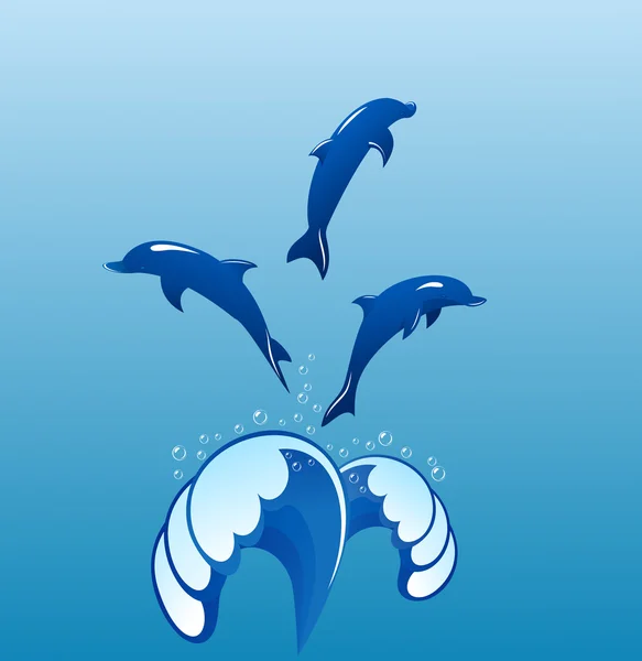 Delfines saltando de una fuente de ondas. — Vector de stock