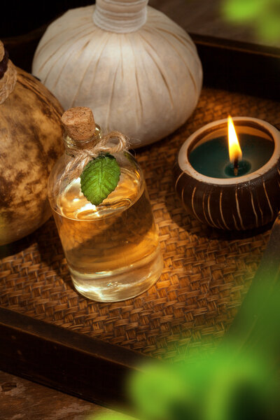 close up view of spa theme objects on color back