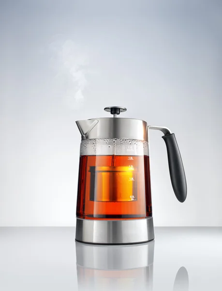 Close up view of nice metal tea kettle on grey color background — Stock Photo, Image