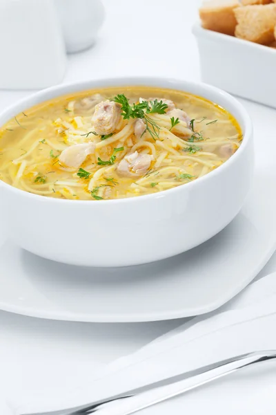 Vista de cerca de la sopa de fideos deliciosa agradable en la espalda blanca — Foto de Stock