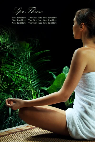 View of nice young woman meditating in spa environment, Banner, extra space for your text. — Stock Photo, Image