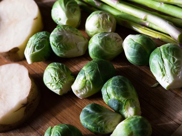 Close up view of nice fresh vegetables is being fried — Stock Photo, Image